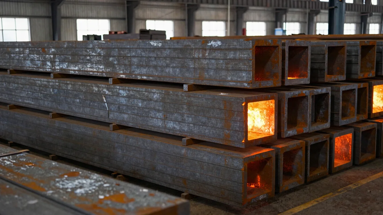 Raw steel billets stacked neatly in storage yards under industrial skylights, warm orange glow of heated metal.