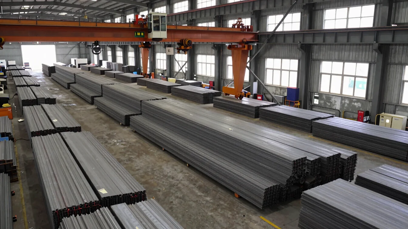 Overhead gantry cranes moving finished iron stock inside a heavy manufacturing plant, industrial documentary lighting.