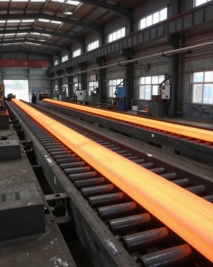 Wide industrial floor vista of a hot rolling mill, cool daylight through factory skylights, glowing orange steel billets