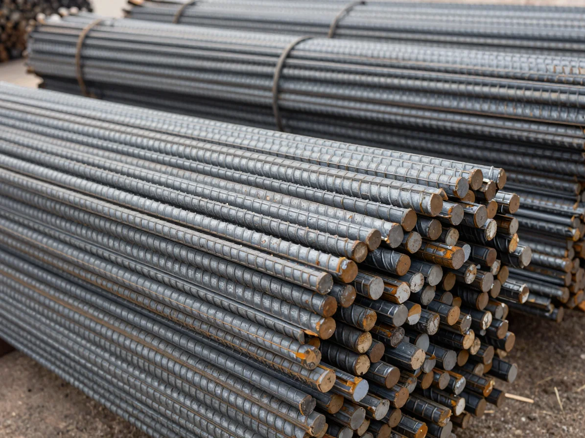 Close-up detail of ribbed steel rebar bundles stacked in an industrial yard under natural overcast daylight