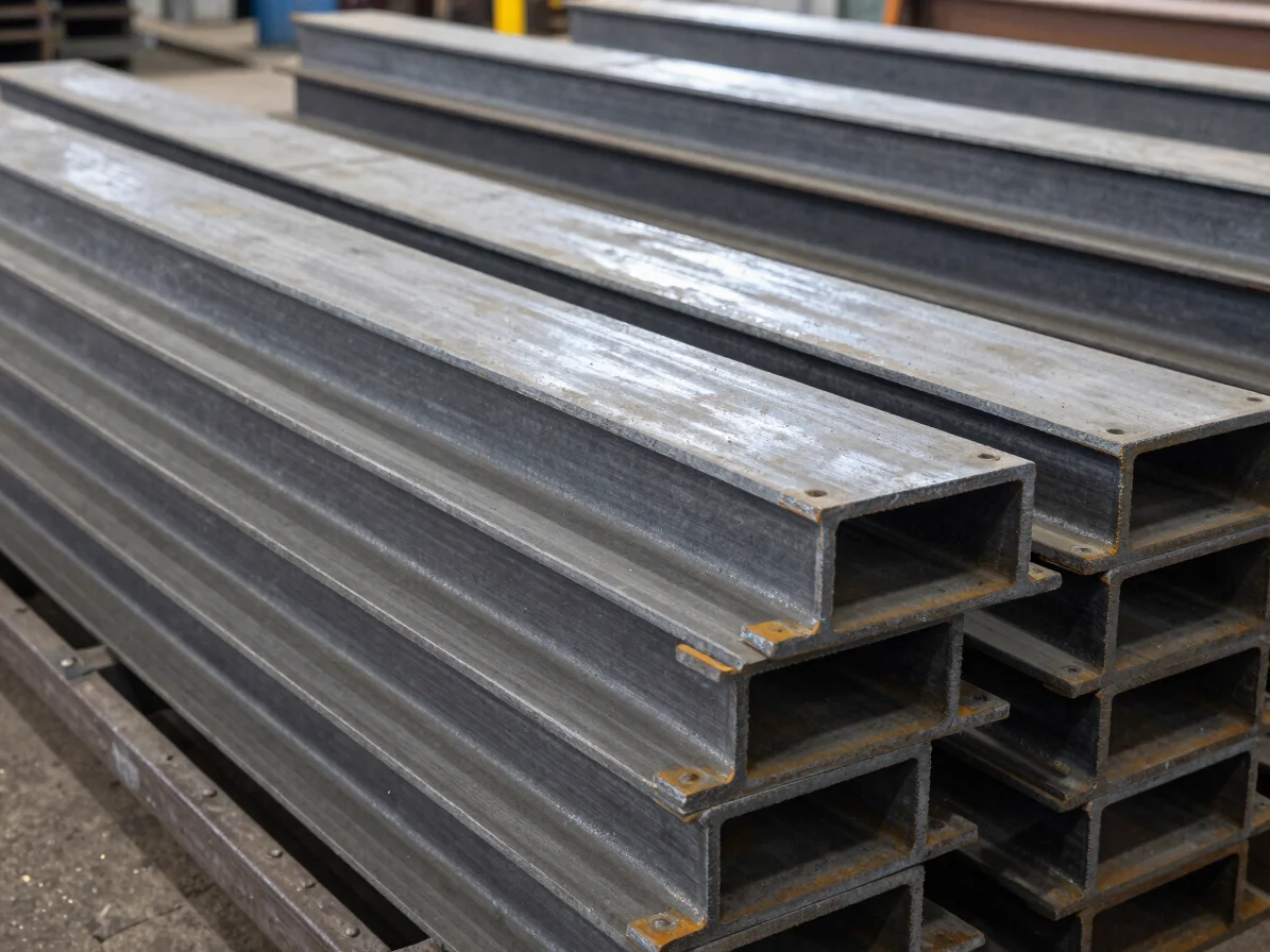 Orthogonal view of structural steel channel profiles stacked in a rolling mill storage bay
