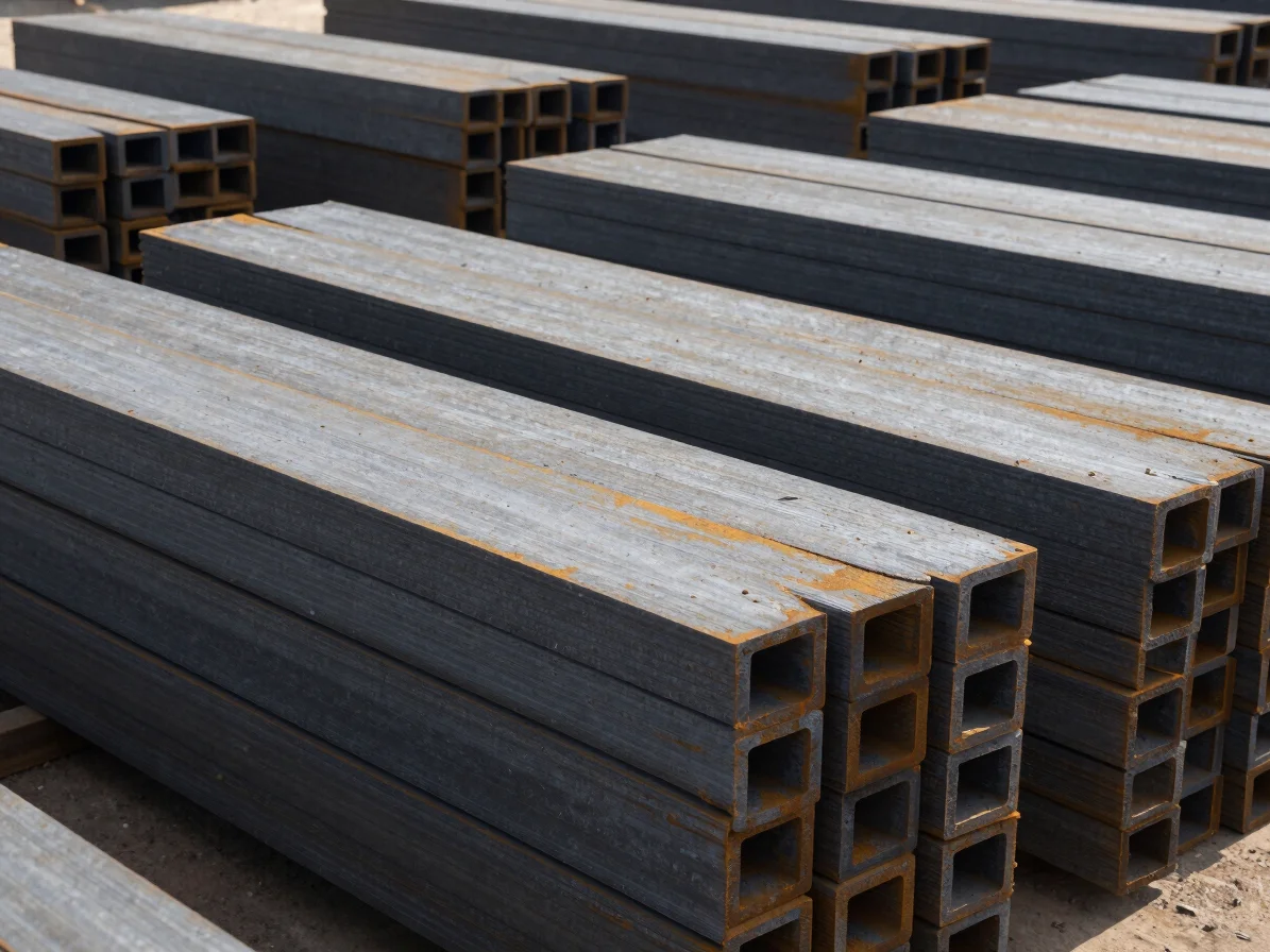 Raw steel billets stacked neatly in an open-air industrial storage yard under natural daylight