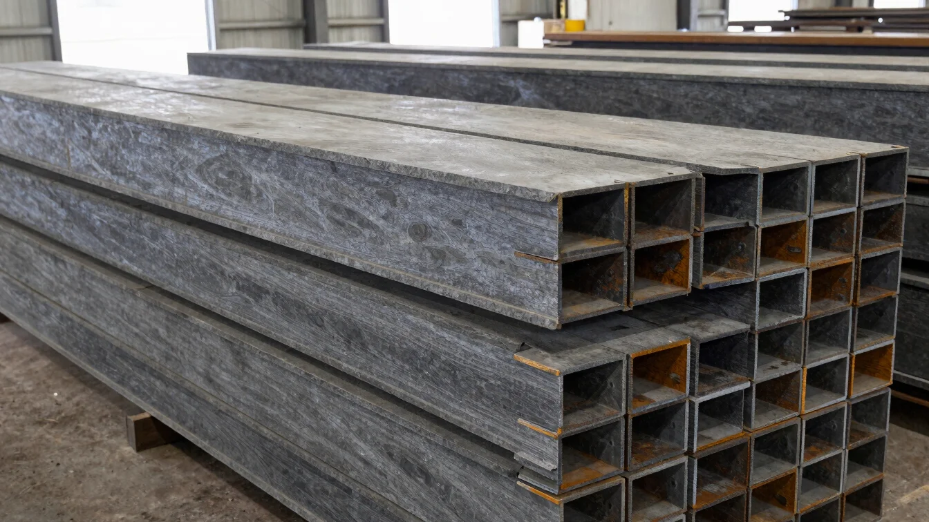 Clean structural beam profiles stacked in an industrial warehouse, natural factory lighting, slate gray and raw iron ton